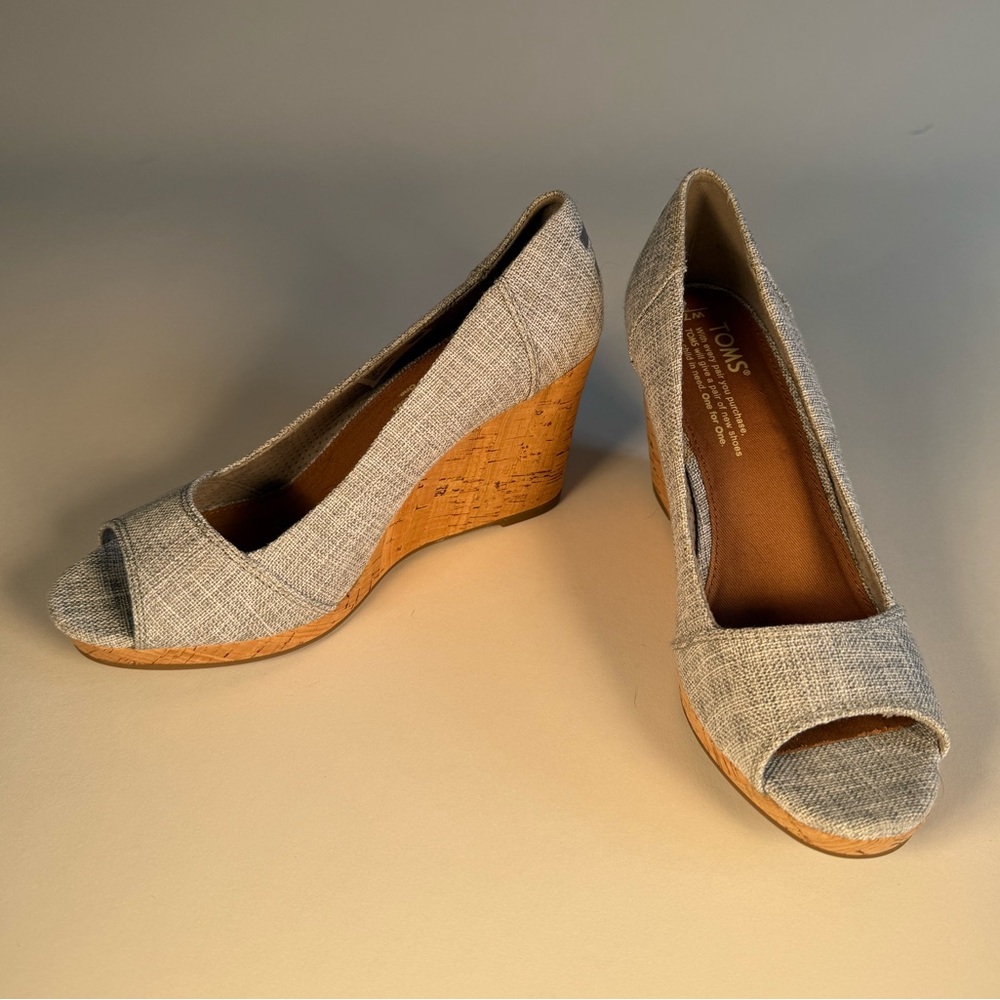 TOMS Stella Grey Woven Peep-Toe Wedge - Picture 6 of 12